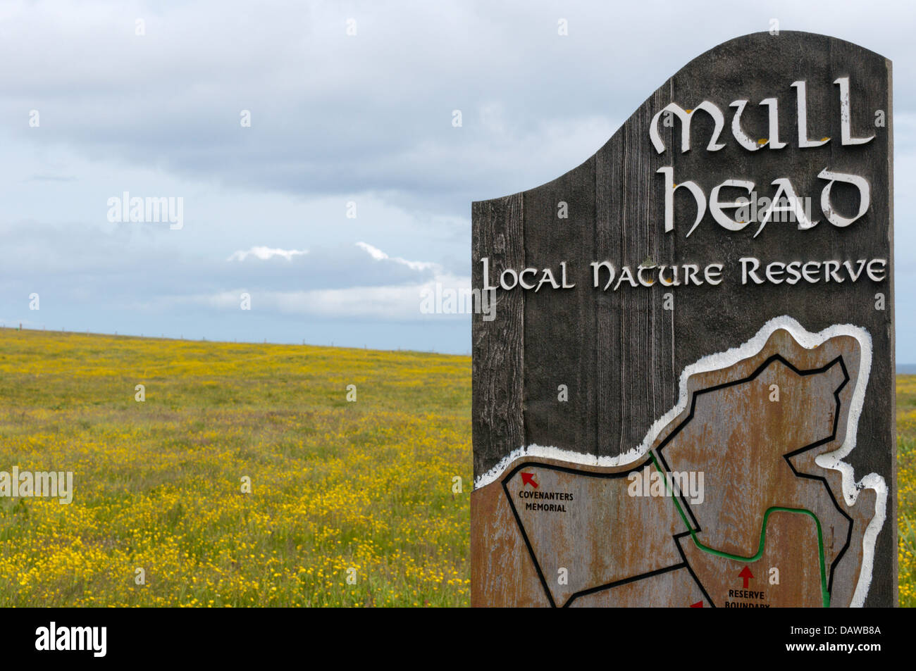 A sign for the Mull Head Local Nature Reserve on Deerness, Mainland Orkney. Stock Photo