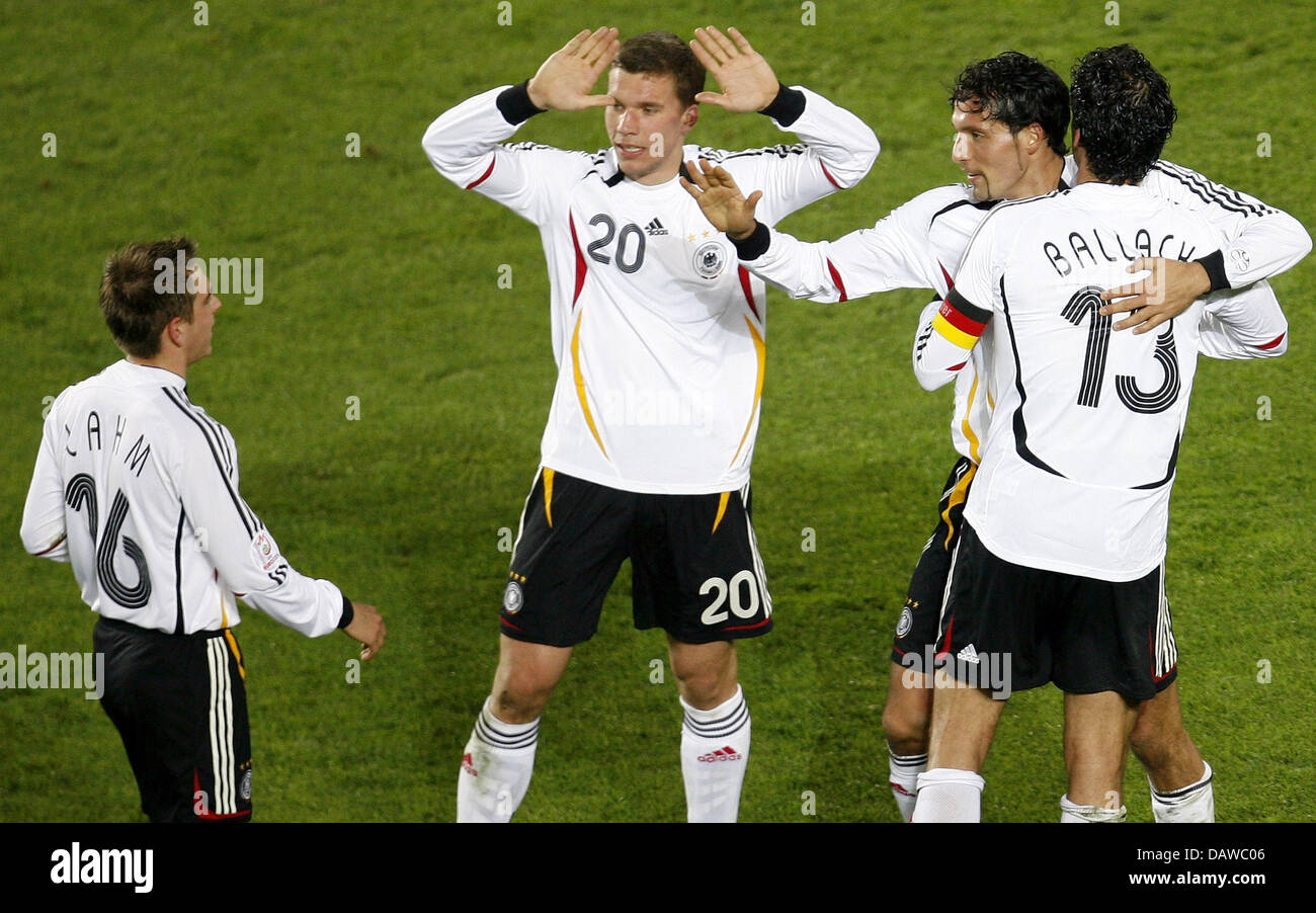 German internationals (L-R) Philipp Lahm, Lukas Podolski, Kevin Kuranyi and skipper Michael Ballack cheer the 0-2 during the EURO 2008 qualifier Czech Republic v Germany at the Toyota Arena stadium of Prague, Czech Republic, 24 March 2007. German won the match 1-2 taking over the lead in the group D. Photo: Thomas Eisenhuth Stock Photo