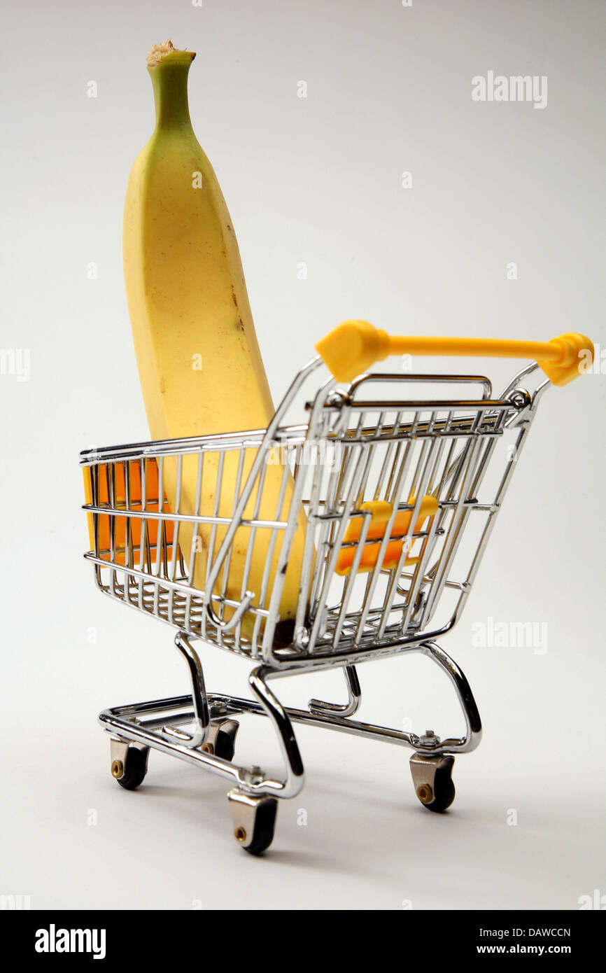 A miniature shopping trolley with a banana is pictured in Frankfurt