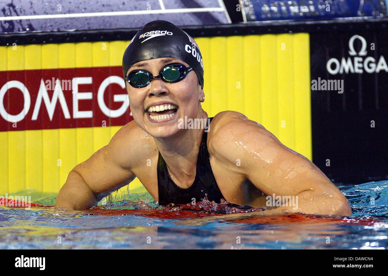US-American swimmer Natalie Coughlin smiles after achieving the minimum time at the 100 meters freestyle at the FINA World Swimming Championships in Melbourne, Australia, Thursday, 29 March 2007. Photo: Gero Breloer Stock Photo
