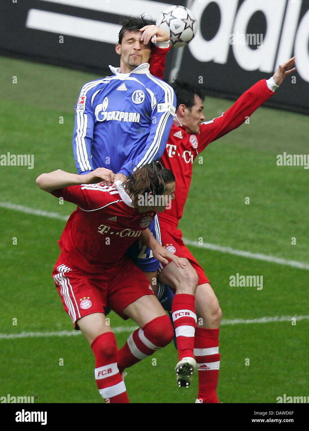 Bayern Munich's Willy Sagnol (R) and 1860 Munich's Lars Bender (L) shown in  action during the soccer friendly FC Bayern Munich vs TSV 1860 Munich at  Allianz-Arena in Munich, Germany, 26 January
