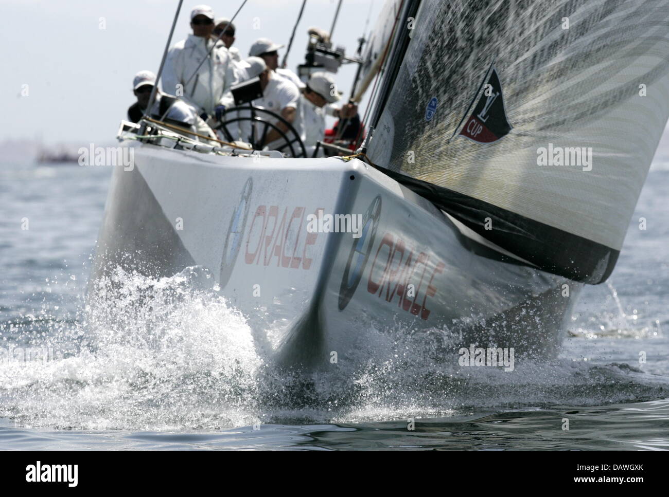 The yacht of the US-American BMW Oracle Team tests the ground as the wind  picks up during the Louis Vuitton Cup regatta forming part of the America's  Cup,Valencia, Spain, 23 April 2007.