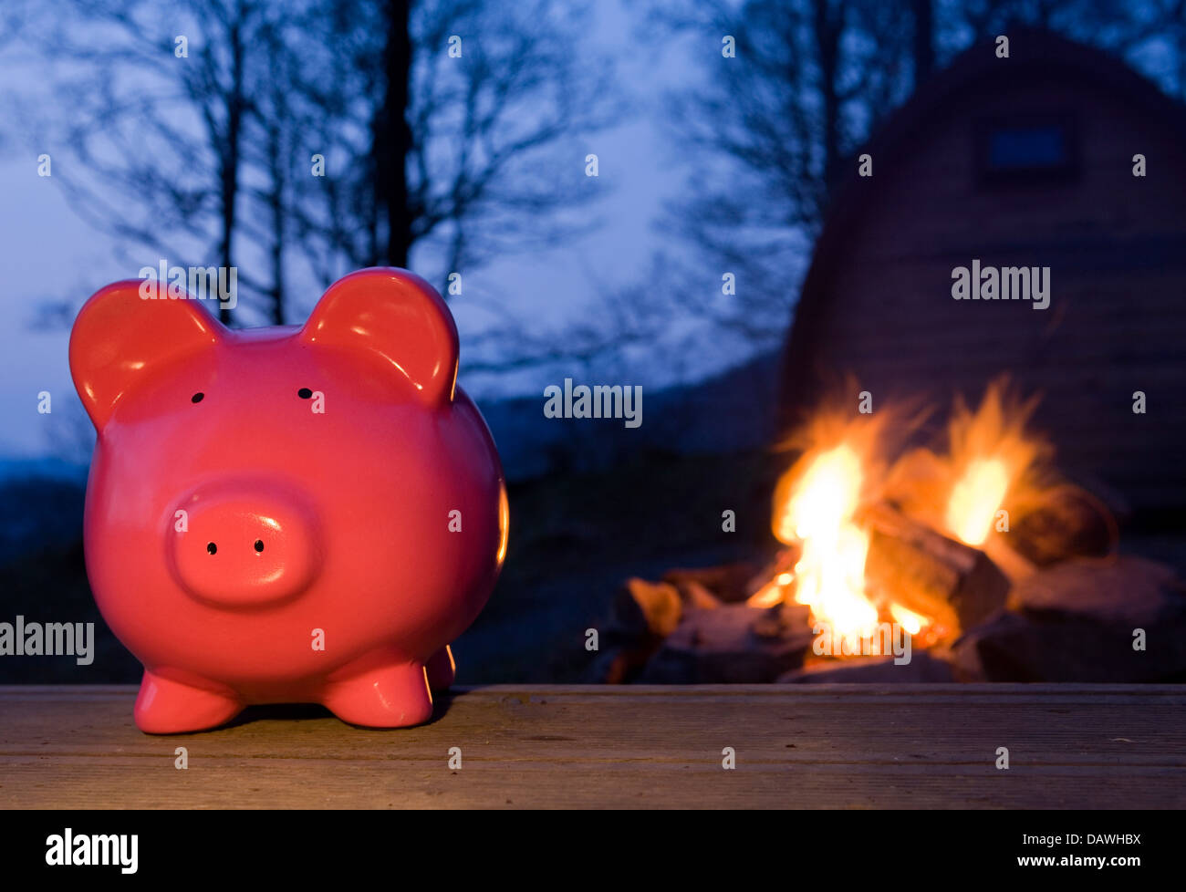 Piggy bank by camp fire and pod Stock Photo