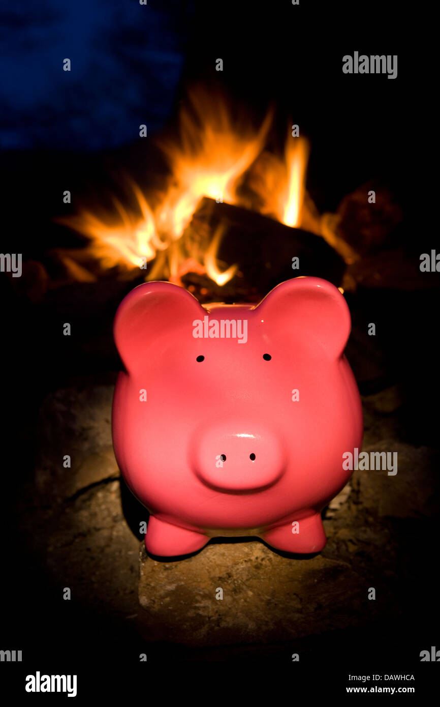 piggy bank by camp fire Stock Photo