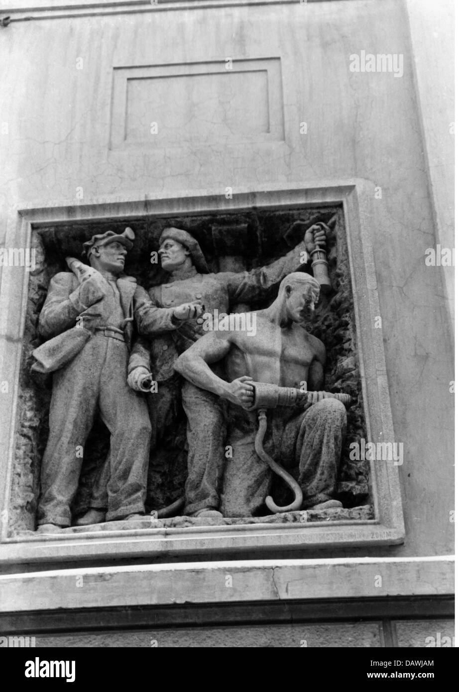 fine arts, Soviet Union, relief on the face of a building in Stalino (Donetsk) showing workers, February 1943, Additional-Rights-Clearences-Not Available Stock Photo