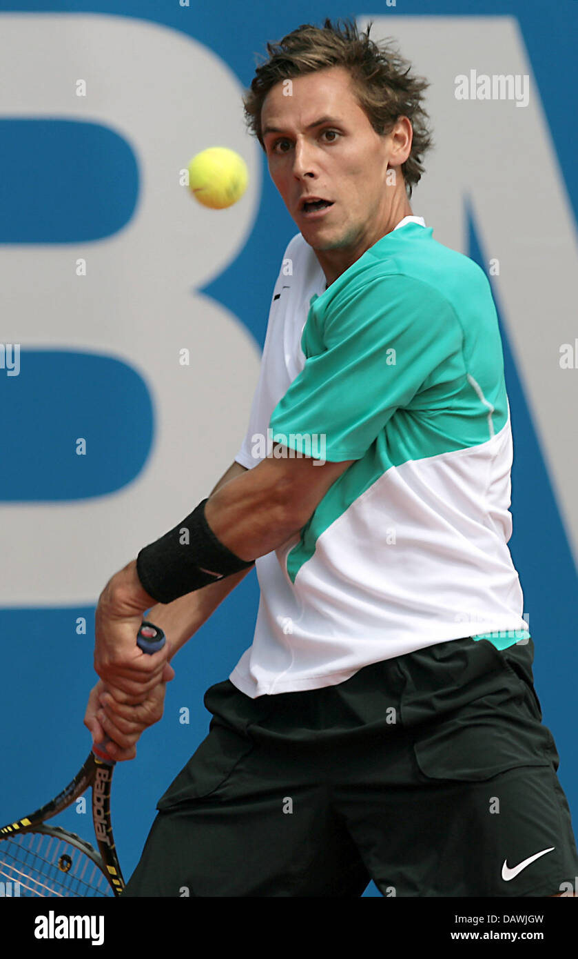 French tennis professional Nicolas Devilder hits a doublehanded forehand in  his match against German Tobias Summerer at the BMW Open, the 92nd  International Tennis Championships of Bavaria, in Munich, Germany, 3 May