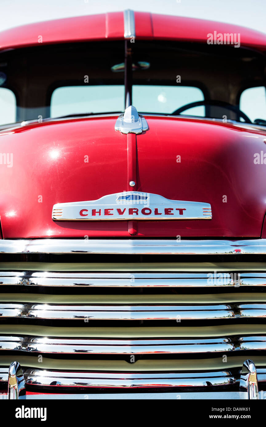 1950s Maroon Chevrolet 3100 pickup. Front end abstract Stock Photo