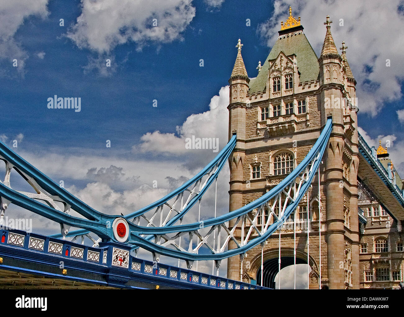 Tower Bridge across the River Thames in London is an iconic Bascule Bridge and marks the start of the Pool of London. Stock Photo