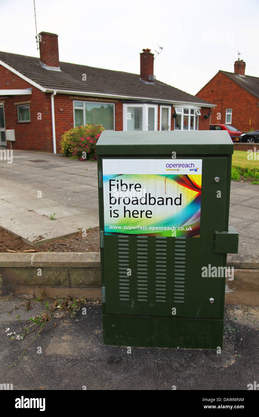 A Btopenreach internet provider fibre optic broadband cabinet in a residential street serving houses with internet provision Stock Photo
