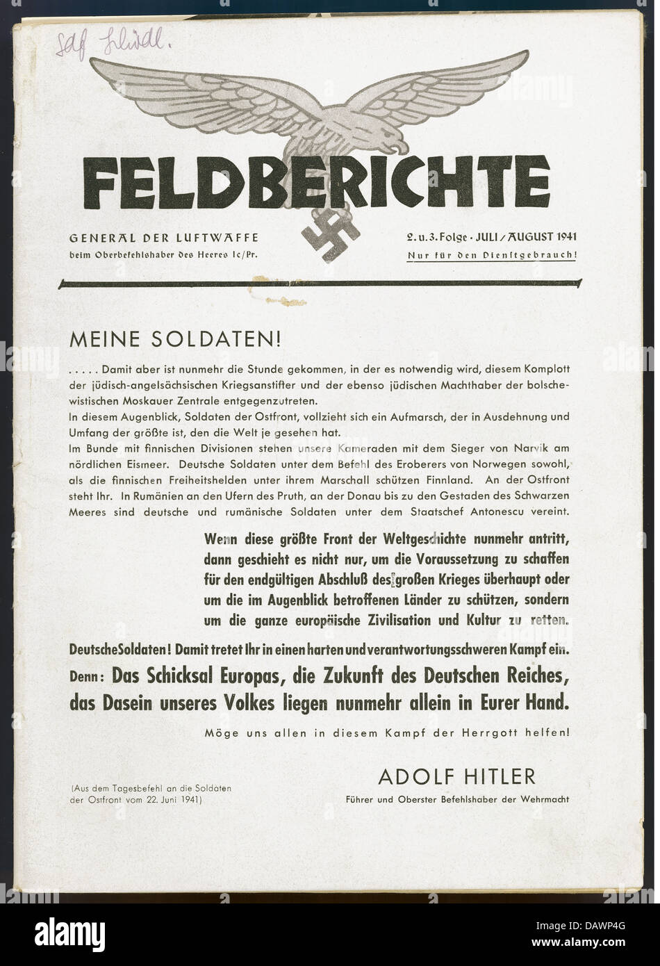 events, Second World War / WWII, propaganda, title page of the Luftwaffe periodical 'Feldberichte, General der Luftwaffe beim Oberbefehlshaber des Heeres', July/August 1941, with an excerpt from an order of the day by Adolf Hitler to the soldiers of the Eastern Front from 22.6.1941, Additional-Rights-Clearences-Not Available Stock Photo