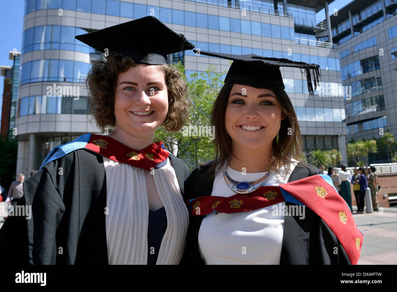 Manchester, UK. 19th July 2013. Manchester Metropolitan University Graduation. Clare O'Neil and Samantha Thorn both aged 21 are among those receiving their degrees at The Bridgewater Hall, Manchester. They both receive First Class Degrees in Health Care Science. Credit:  John Fryer/Alamy Live News Stock Photo
