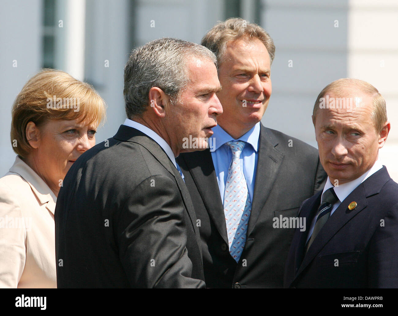 (L-R) German Chancellor Angela Merkel, US President George W. Bush, British Prime Minister Tony Blair and Russian President Vladimir Putin pictured at the G8 Summit in Heiligendamm, Germany, 08 June 2007. Photo: Boris Roessler Stock Photo
