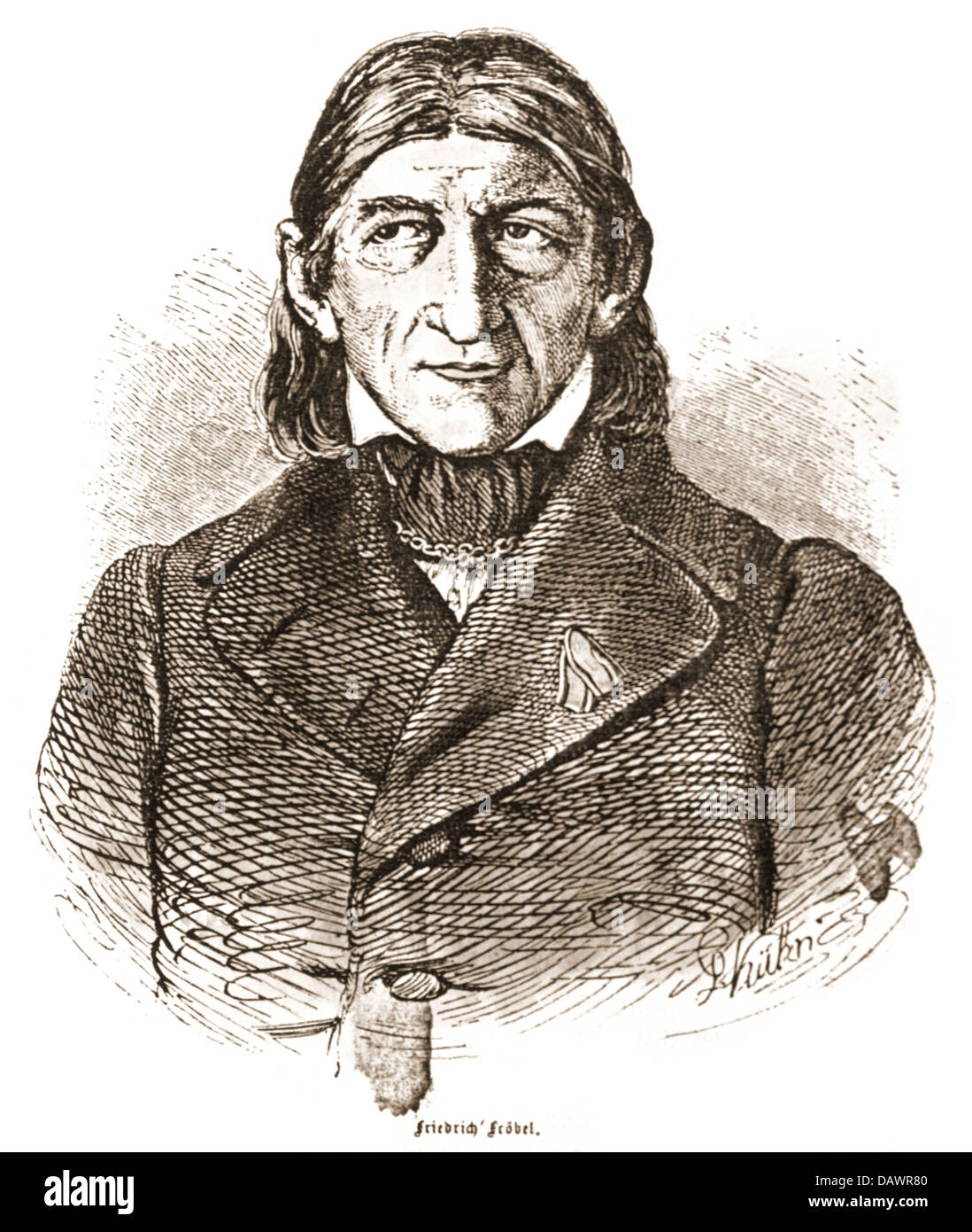 Fröbel, Friedrich, 21.4.1782 - 21.6.1852, German pedagogue, portrait, wood engraving after L. Kuehn, coloured, 1867, Stock Photo