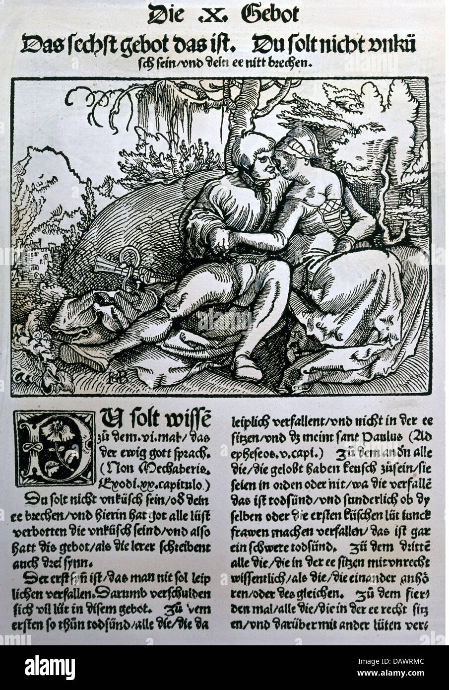 people, couple, lovers, woodcut by Hans Baldung Grien, 'Die zehen gebot erclert und usgelegt', 6th Commandment, 'Though shalt not be unchaste', printed by Hans Grueninger, Strassbourg, 1516, private collection, Additional-Rights-Clearences-Not Available Stock Photo