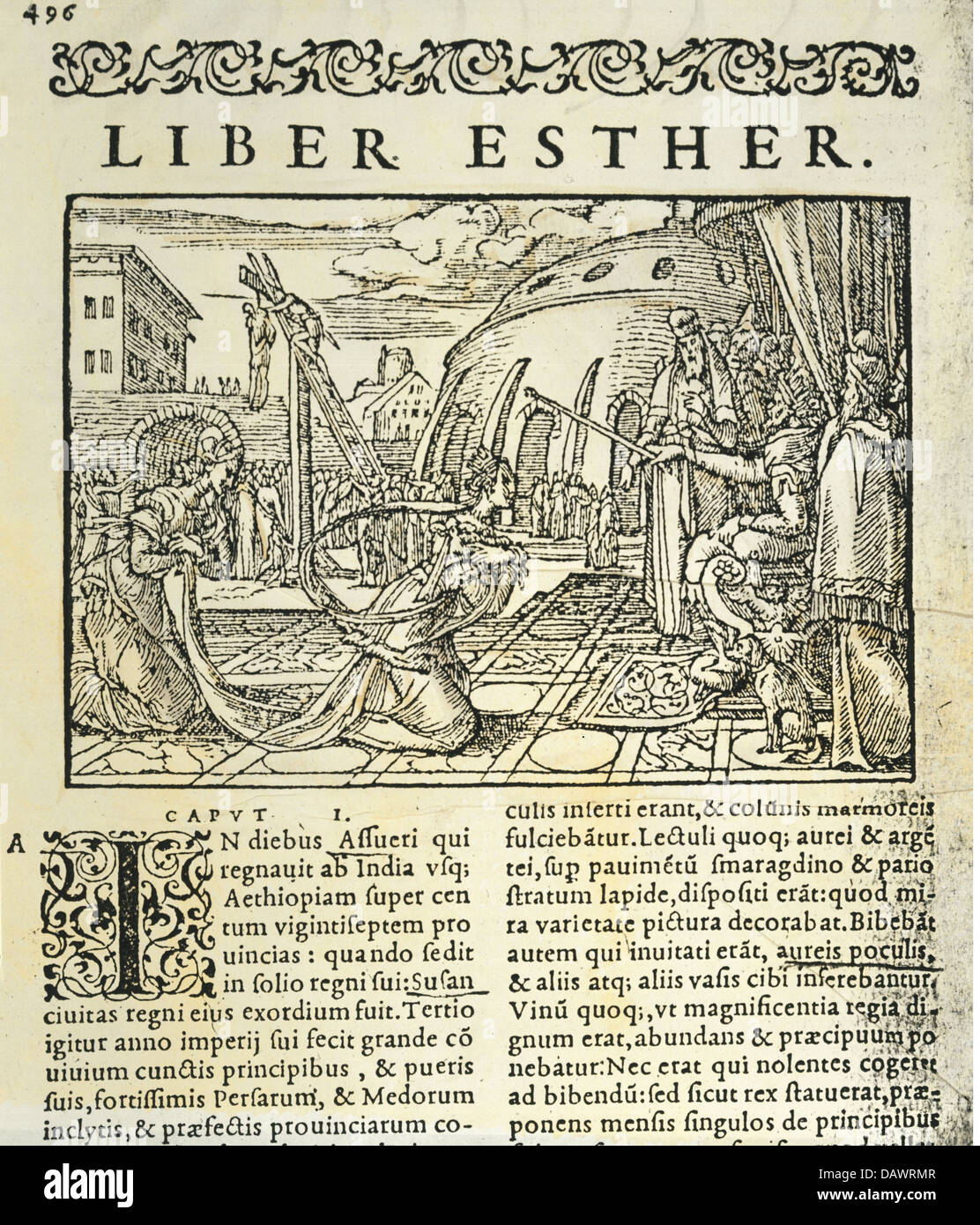 religion, biblical scenes, Esther before the King of the Assyrians, 'Biblia Sacra', printed by Jean de Tournes, Lyon, 1558, private collection, , Additional-Rights-Clearences-Not Available Stock Photo