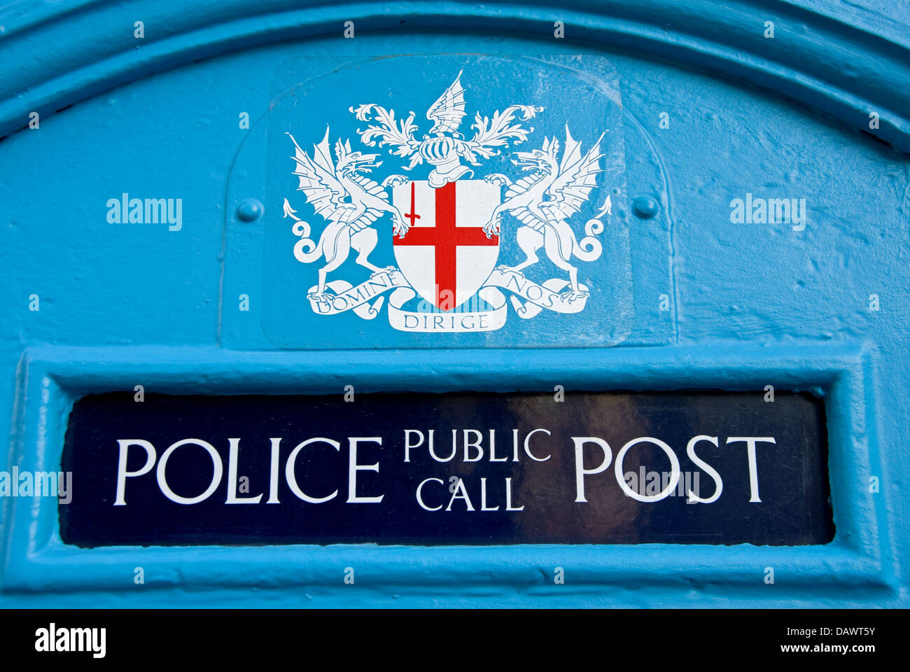 An historic blue police telephone box in central London near Bank underground station.. Stock Photo