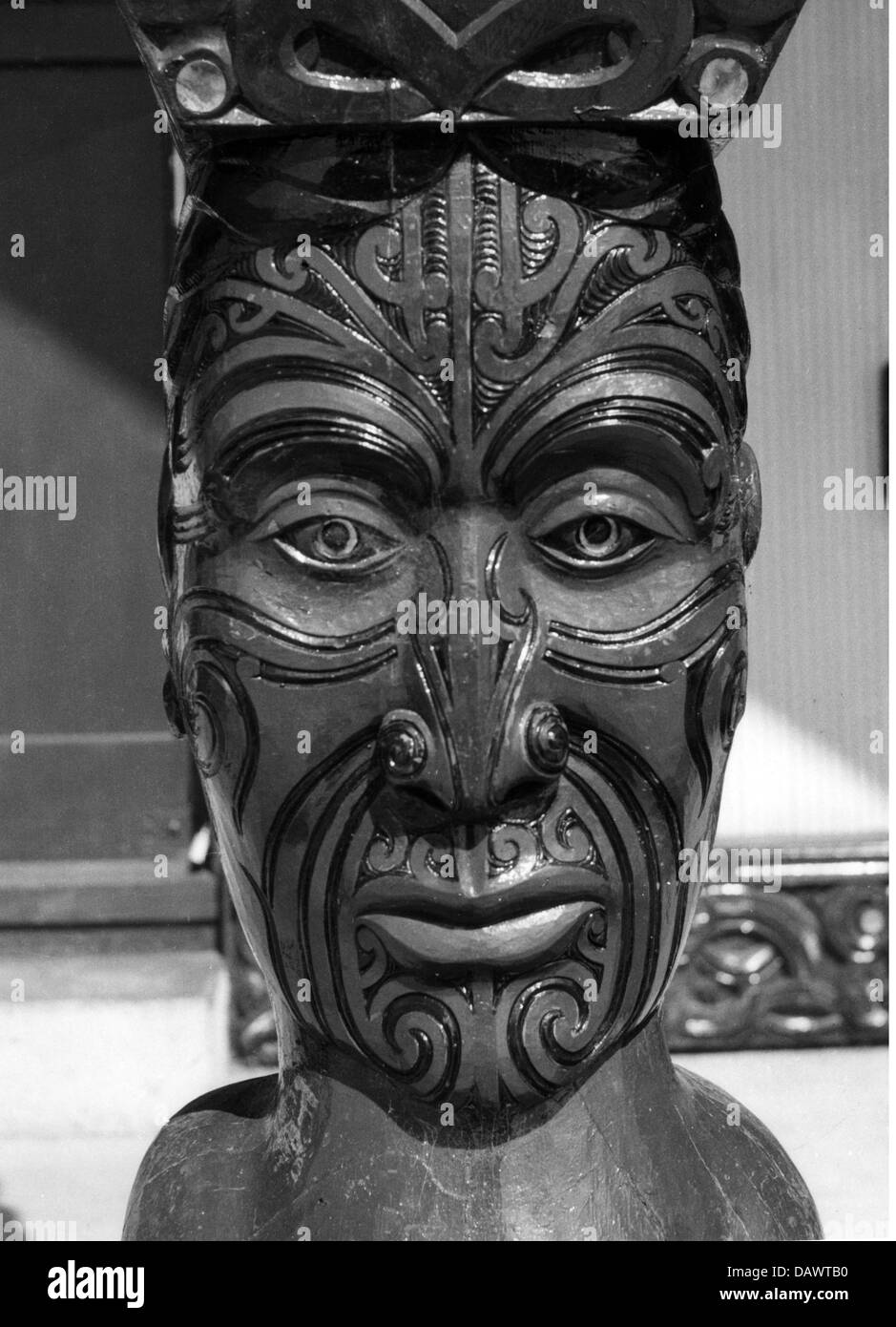 geography / travel, New Zealand, tradition / folklore, carved figure of the Maori, Waihi Village near Turangi. photo: circa 1950s, Additional-Rights-Clearences-Not Available Stock Photo
