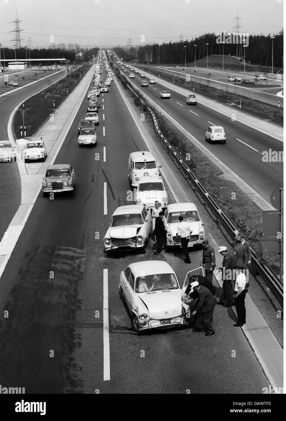 transport / transportation, cars, car crashes, accident on the autobahn near Hilden, West Germany, circa 1960, Additional-Rights-Clearences-Not Available Stock Photo