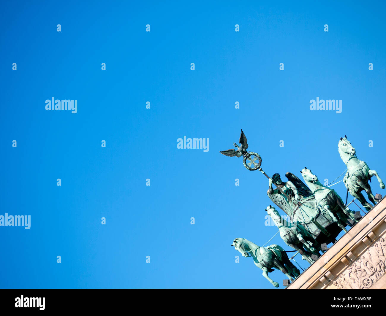 Detail of Quadriga statue on top of Brandenburg Gate in Berlin Germany Stock Photo