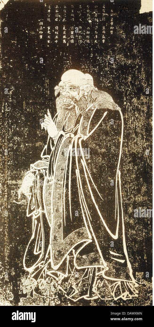 Laozi, 300 BC / 400 BC, Chinese philosopher, founder of the Taoism, full length, stone gravure after painting by Wu Dau Dsi, dimensions: 172x87 cm, Suzhou, 1225, private collection, Stock Photo