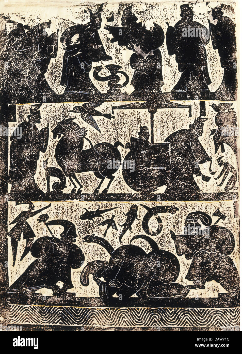 fine arts, China, brass rubbing, wall of the funerary chamber of the Vu family in Shandong, fight with the giant snake and royal scenes, British Museum London, Artist's Copyright has not to be cleared Stock Photo