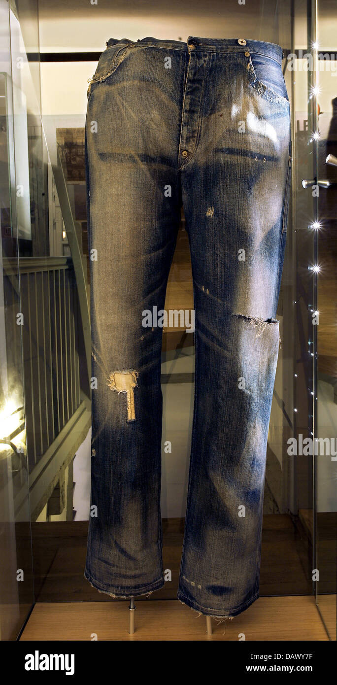 The picture shows the front of one of 500 existing copies of the oldest  Levis-Jeans 'Nevada-Jeans' at 'Levi Strauss Museum' in Buttenheim, Germany,  07 May 2007. The 501 original model is located