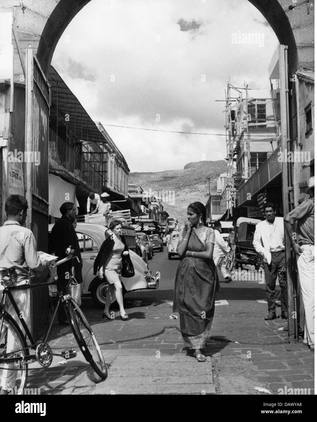 geography / travel, Mauritius, Port Louis, street scene at Central Market, 1960s, 60s, 20th century, historic, historical, store, stores, shop, shops, trade, dealer, dealers, street scene, street scenes, pedestrian, pedestrians, passer-by, passerby, passers-by, old town, historic city centre, historic city center, inner city, midtown, city centre, town centre, urban core, people, Additional-Rights-Clearences-Not Available Stock Photo
