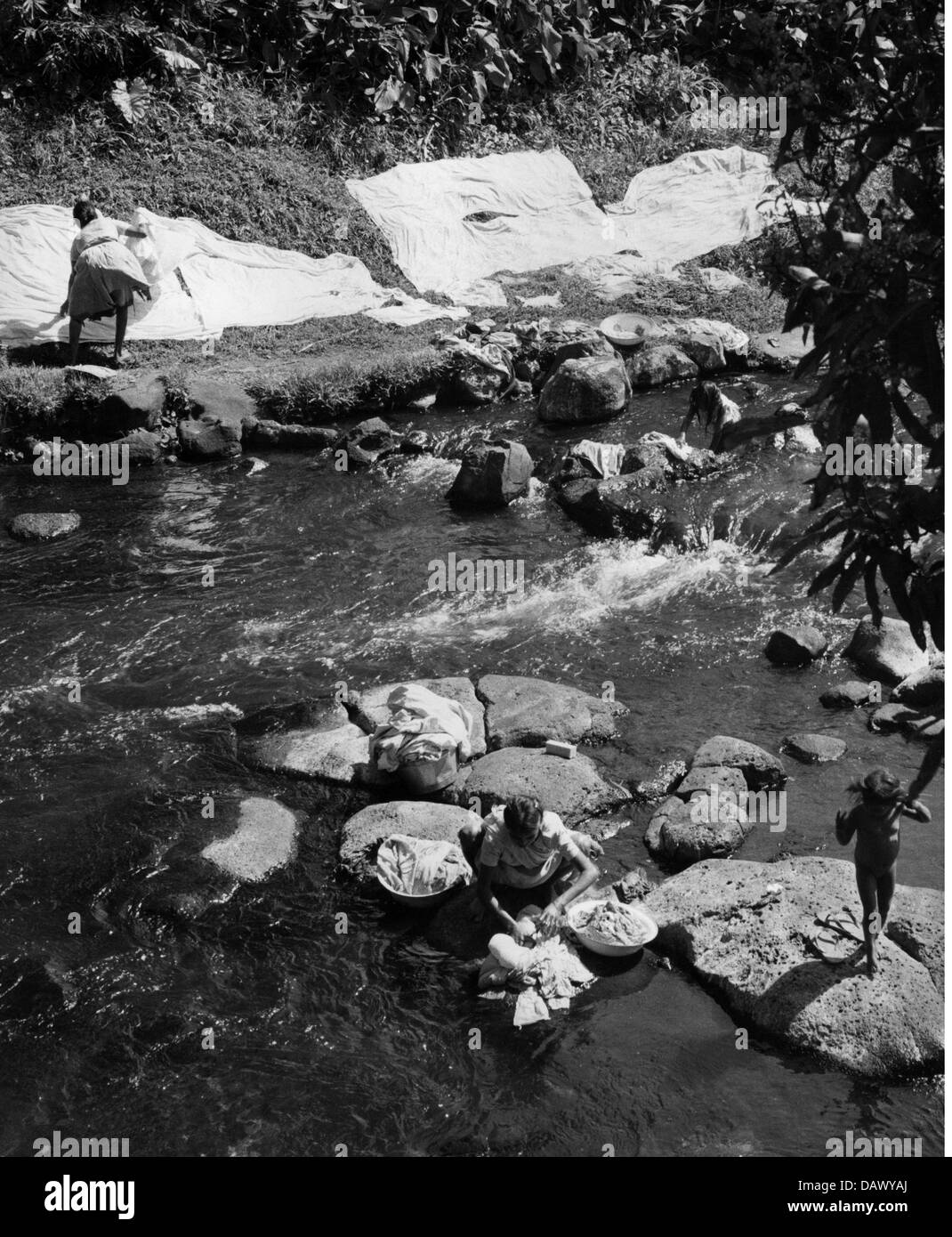 geography / travel, Mauritius, people, women washing laundry in a small river, Savanne (district), 1960s, 60s, 20th century, historic, historical, washday, Additional-Rights-Clearences-Not Available Stock Photo