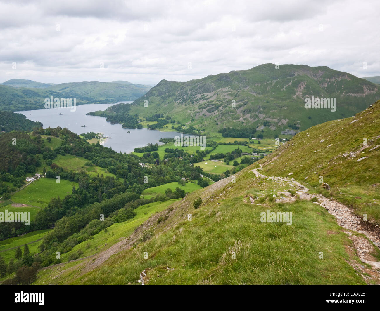 Overlooking Ullswater and Patterdale Common, Place Fell from the path down St. Sunday Crag, The Lake District, Cumbria Stock Photo