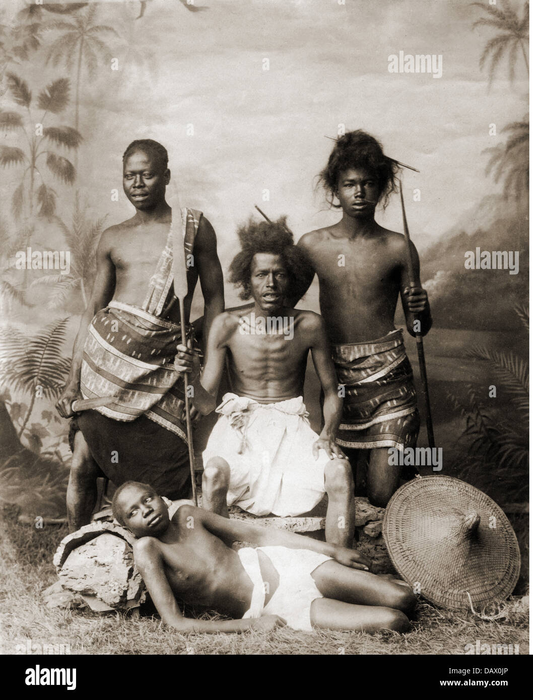 geography / travel, Africa, Egypt or Sudan, people, warriors, photo by H. Arnoux, second half of the 19th century, man, men, spear, spears, weapons, arms, weapon, arm, group picture, ethnic group, ethnic groups, ethnicities, ethnology, ethnicity, ethnic, Black African, Africans, historic, historical, shield, shields, knife, knives, male, Additional-Rights-Clearences-Not Available Stock Photo