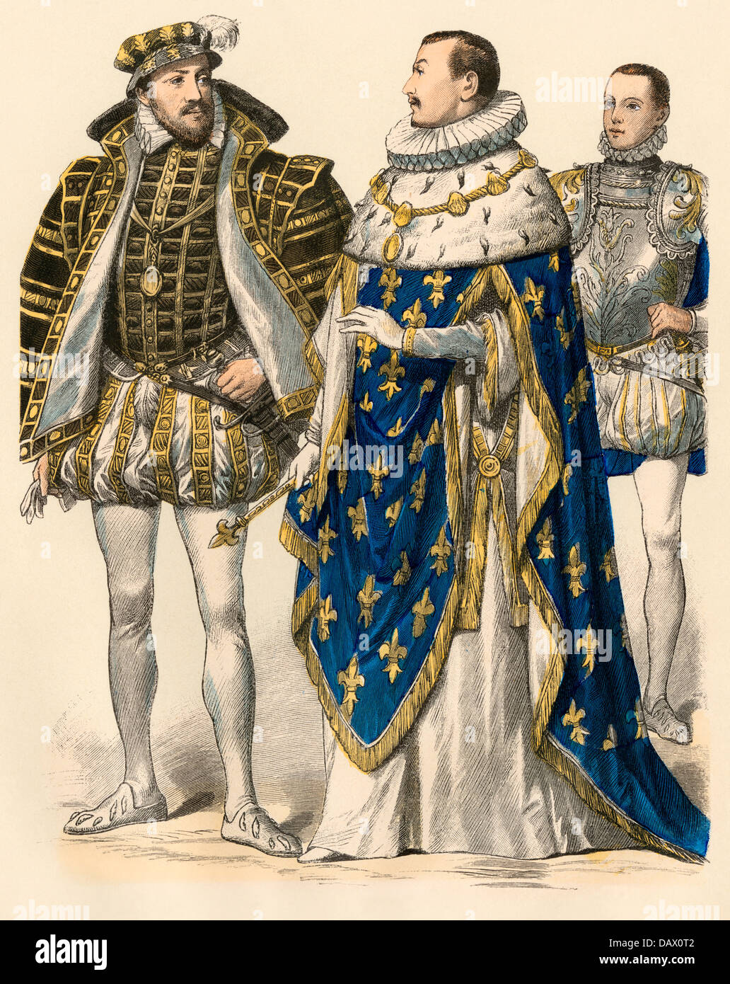 King of Navarre Antoine de Bourbon (left); Charles IX, King of France (center); and Francis II, young King of France, 1500s. Hand-colored print Stock Photo