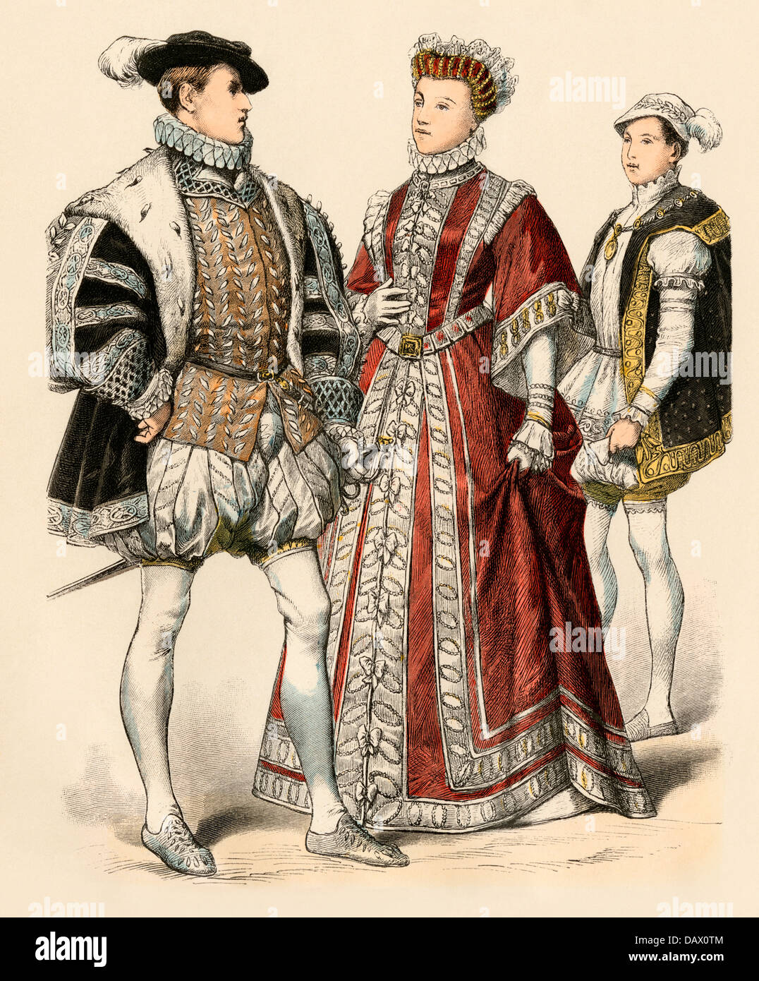 Francis II as King of France (left), as Dauphin (right); and his sister, Elizabeth de Valois, wife of Spanish King Phillip II. Hand-colored print Stock Photo