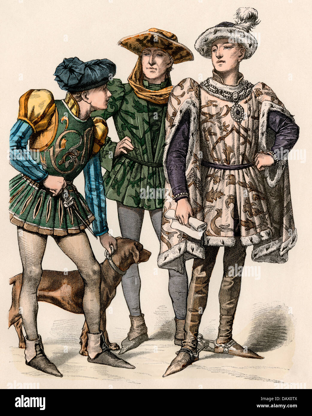 Charles the Bold, Duke of Burgundy (right), with his attendants, 1400s. Hand-colored print Stock Photo