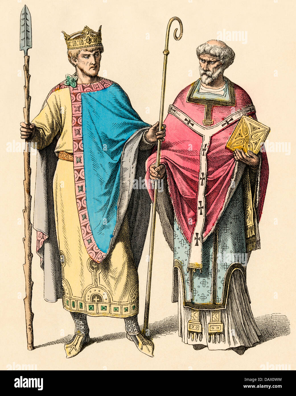 Holy Roman Emperor Henry II (the Saint) and a French bishop. Hand-colored print Stock Photo