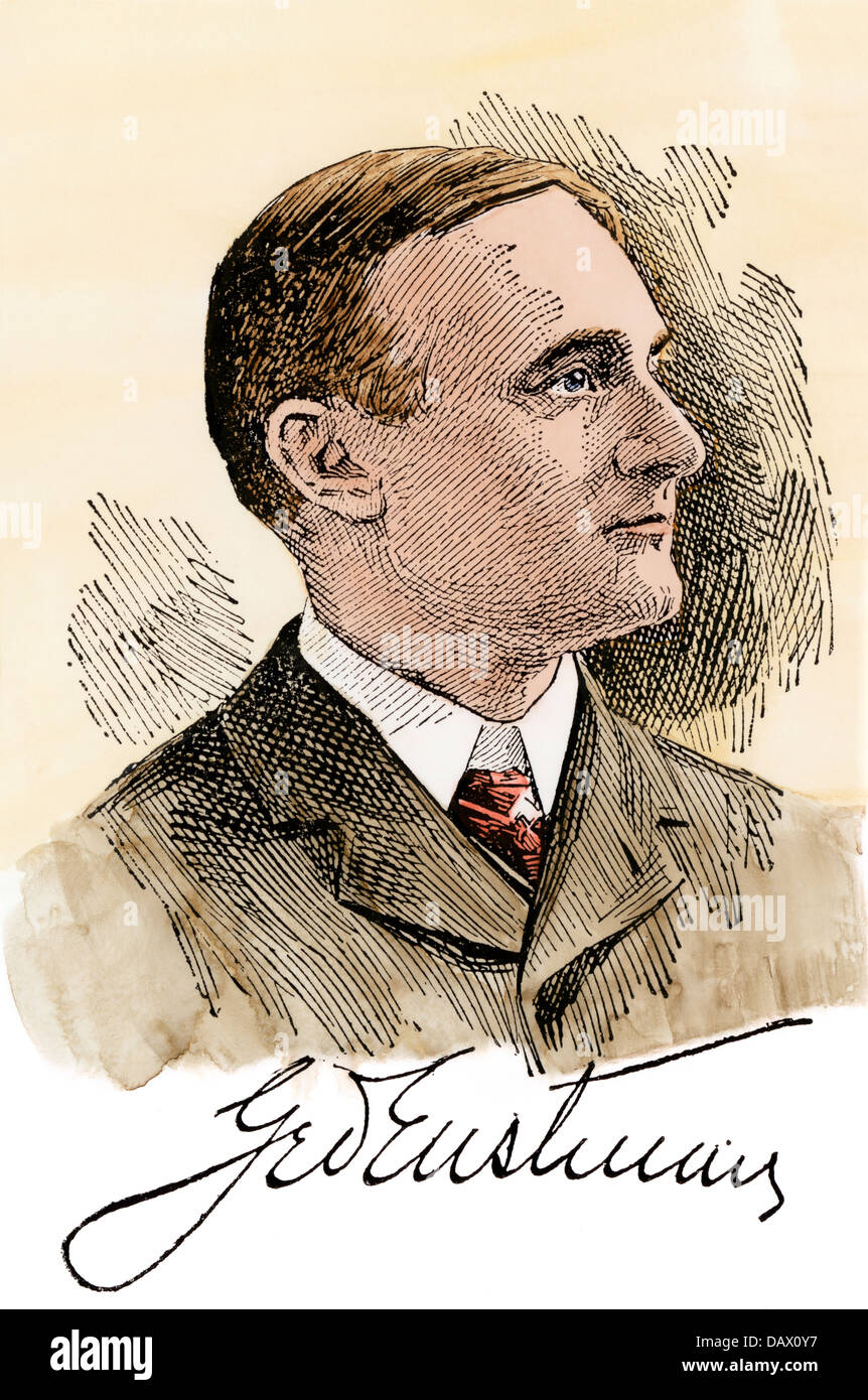 George Eastman, inventor of the Kodak box camera, with his signature. Hand-colored woodcut Stock Photo