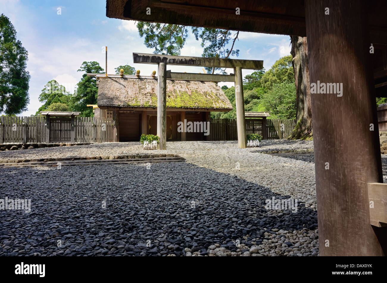 The main Shinto sanctuary Naikū (内宮) located in Ise Grand Shrine complex, in Mie prefecture, Japan. Stock Photo