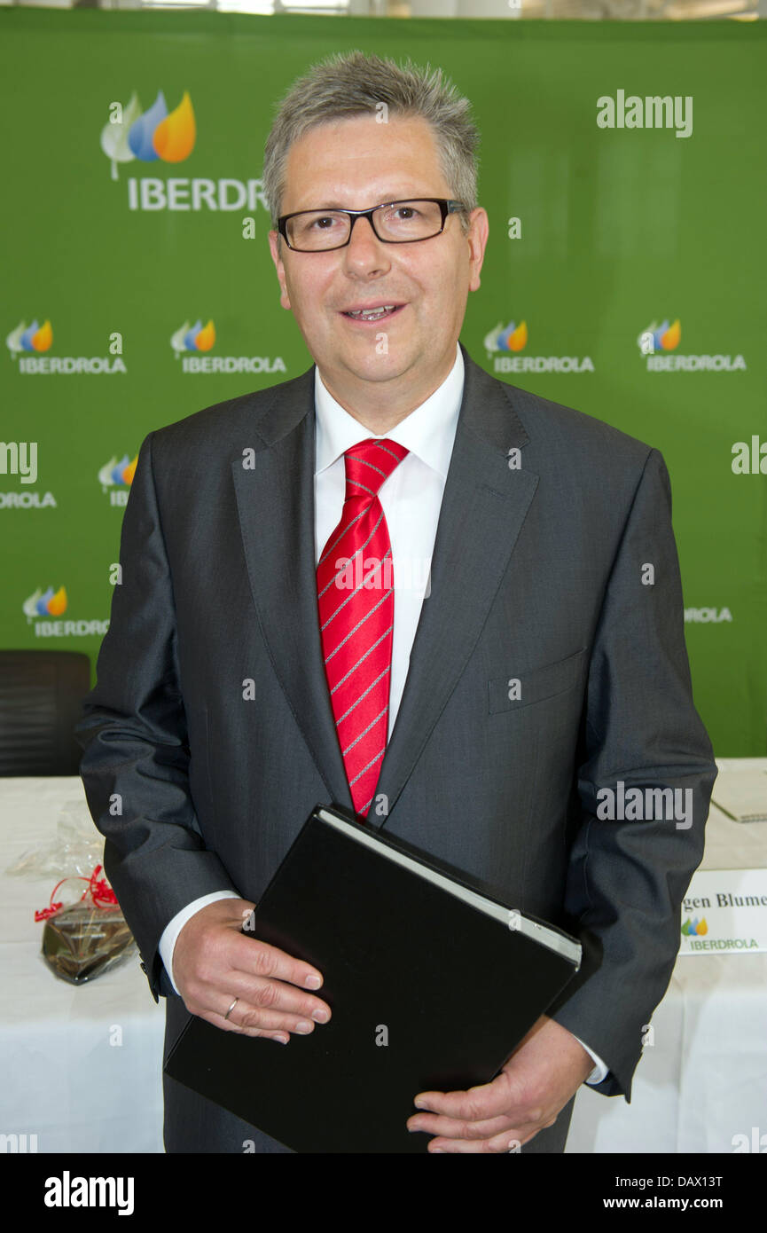 Juergen Blume, manager of the Iberdrola Renovables Offshore Deutschland GmbH, stands at the signing of the contract about the use of 100,000 sq m for the storage and installation of facility parts for offshore wind park 'Wikinger' in Sassnitz, Germany, 19 July 2013. Up to 1.5 billion euros are going to be invested according to company Iberdrola. About 100 direct and indirect jobs are supposed be created. Photo: STEFAN SAUER Stock Photo