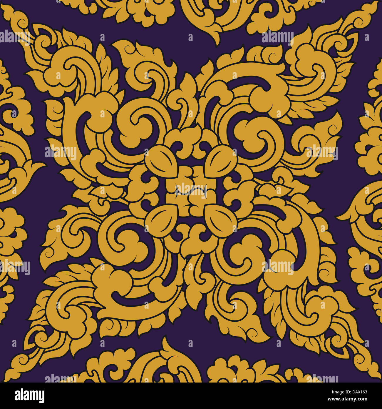 Seamless pattern baroque yellow with purple background Stock Photo