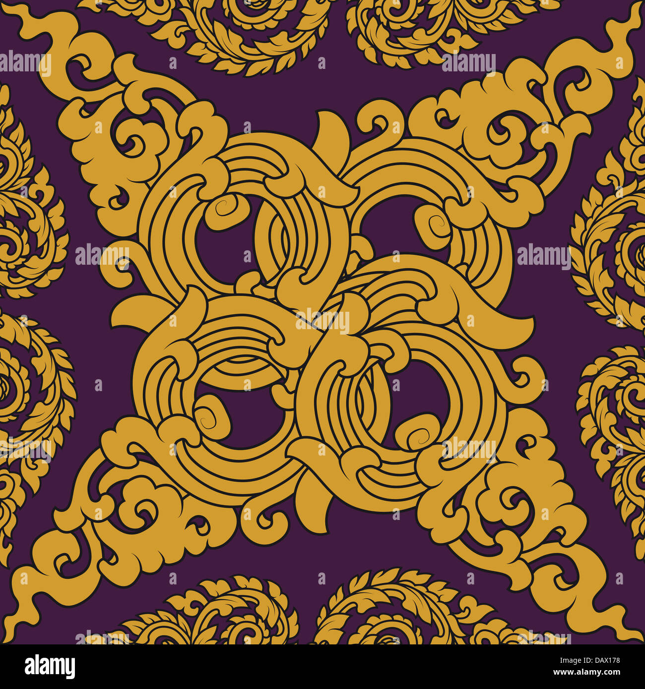 Seamless pattern baroque yellow with purple background Stock Photo