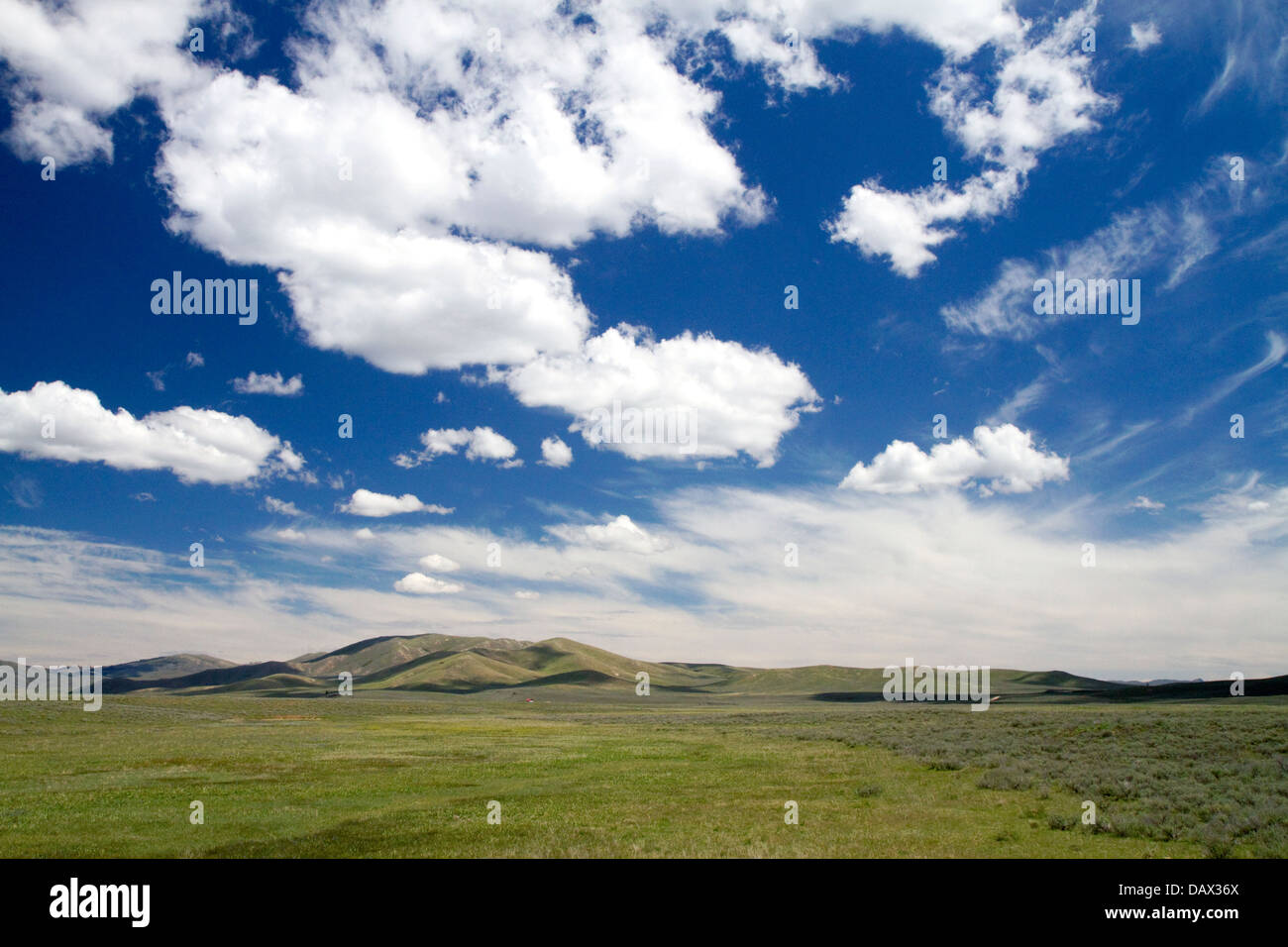 Cumulus clouds and blue sky over green fields near Pine, Idaho, USA. Stock Photo