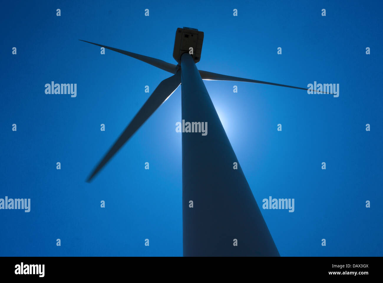 Backlight windmill against a blue sky Stock Photo