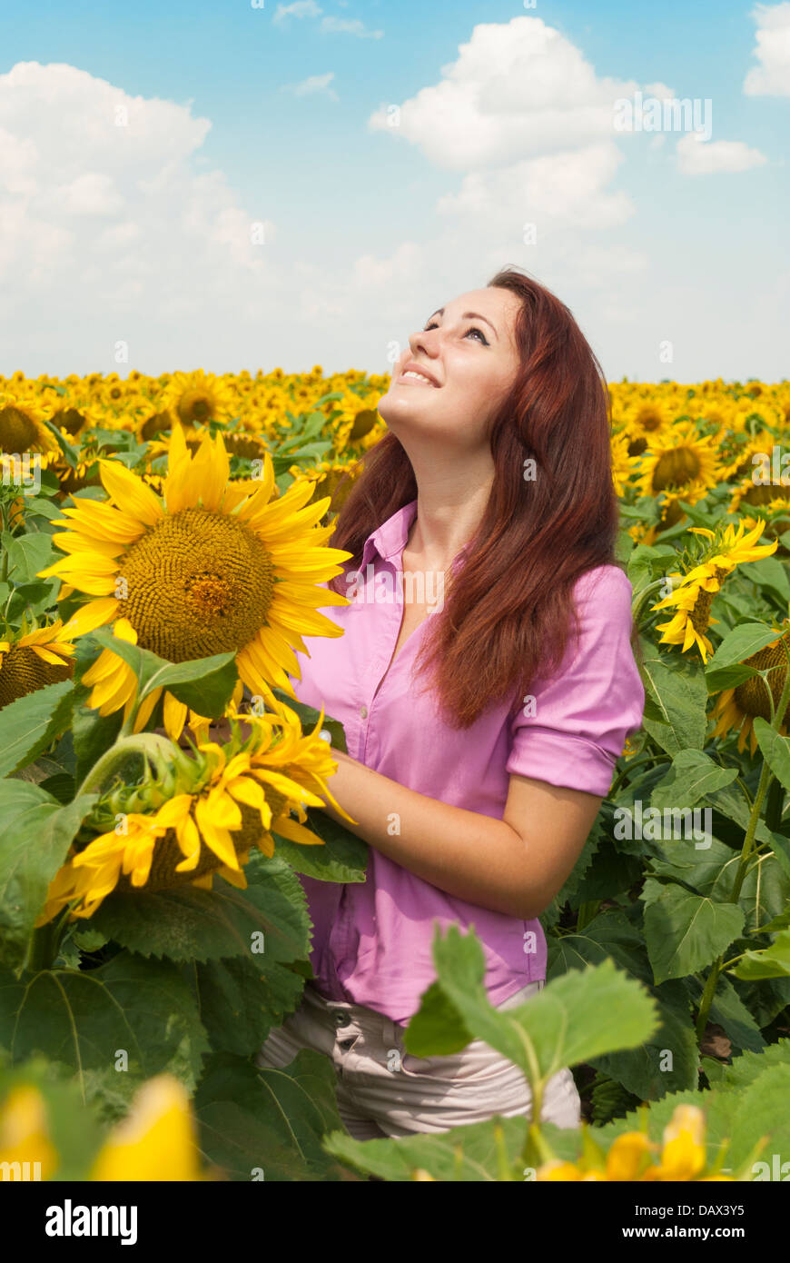Beautiful girl in a field of sunflowers Stock Photo - Alamy