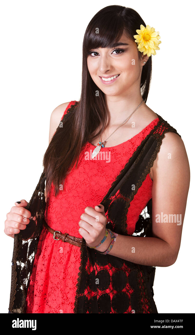 Smiling Woman in Red Dress Stock Photo - Alamy
