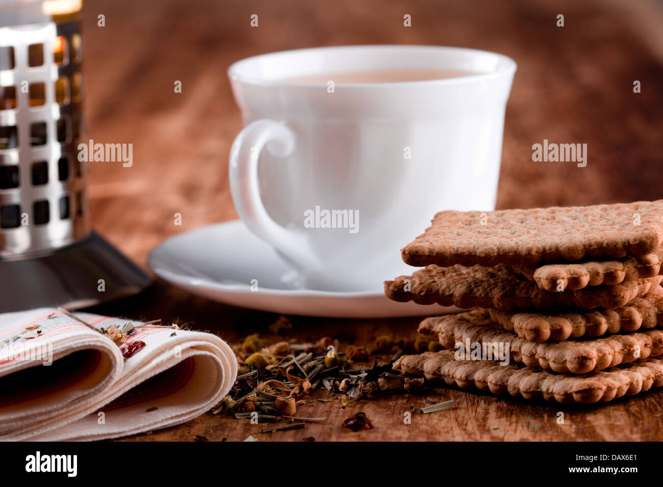 french press, cup of fresh herbal tea and some cookies Stock Photo - Alamy