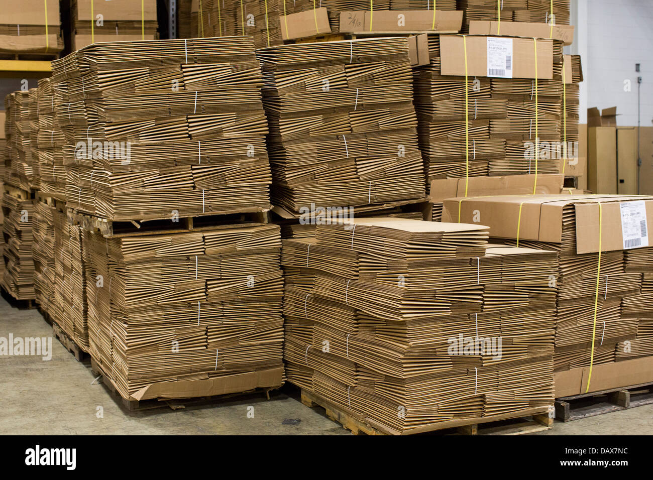 An industrial warehouse full of cardboard boxes on shelving.  Stock Photo