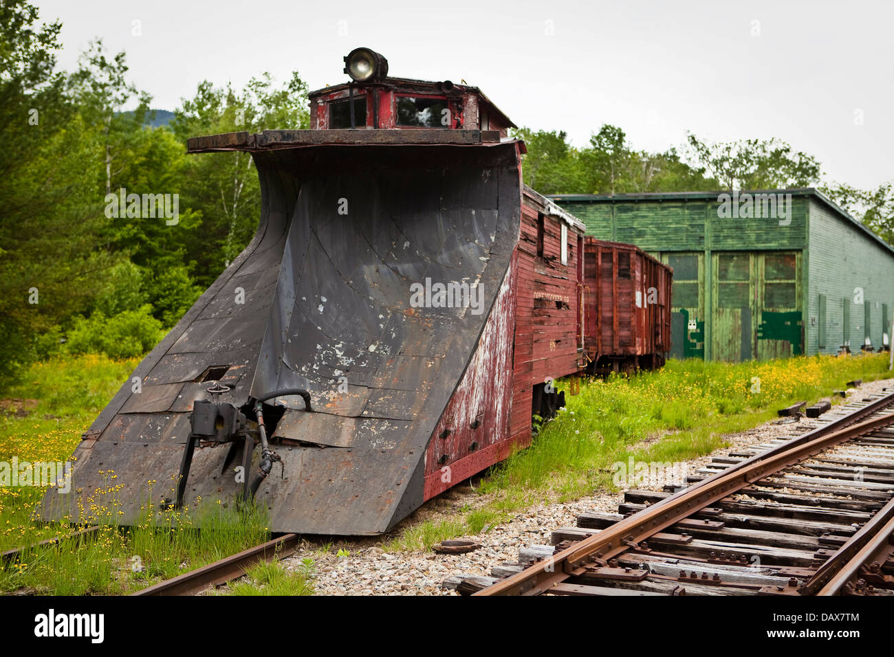 The Russell snow plow #68 is left to decay at the Bartlett Roundhouse in Bartlett, New Hampshire Stock Photo