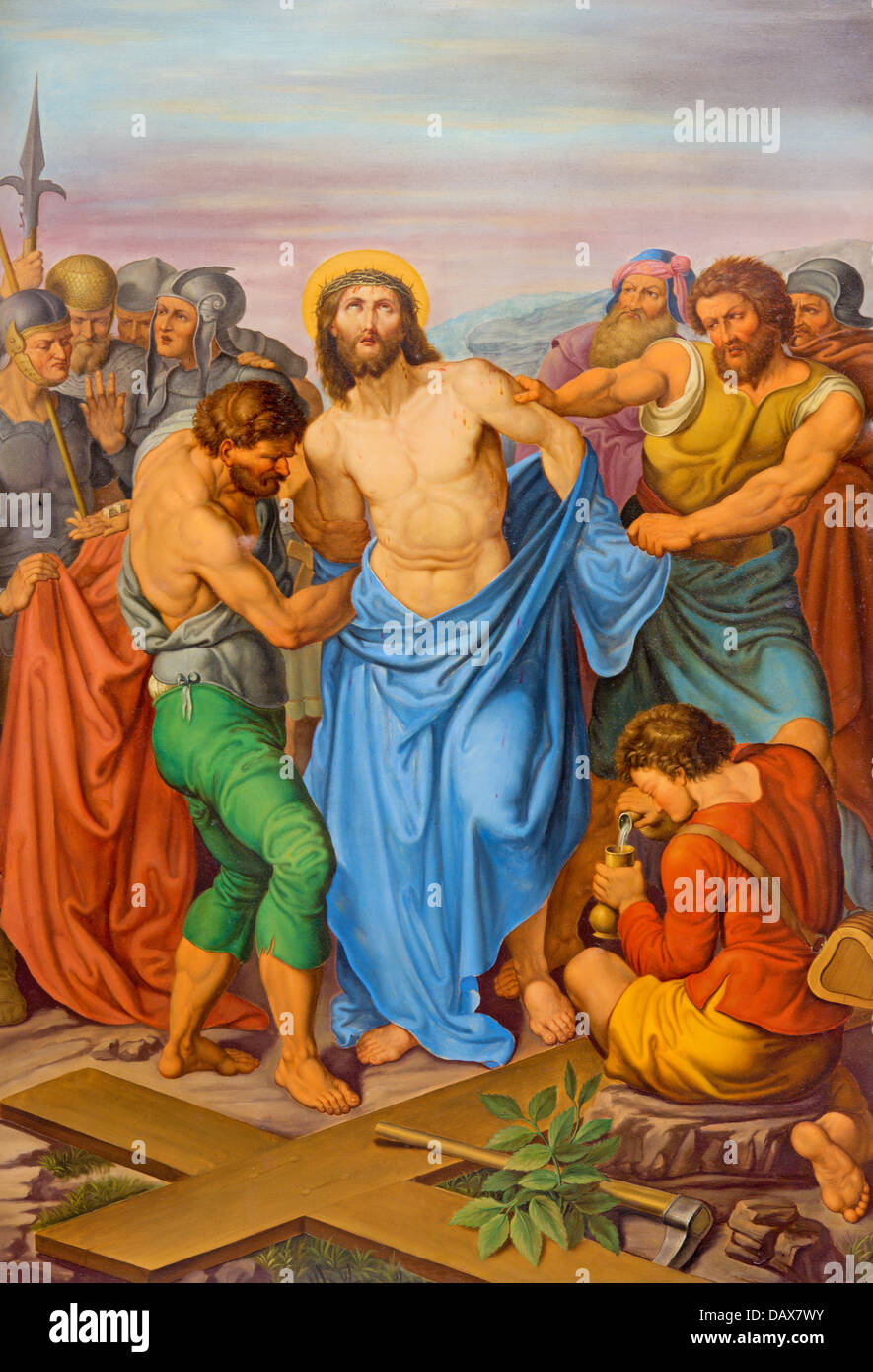VIENNA - JULY 3: Jesus Stripped of His Garments. One part of coss way from 19. cent. in gothic church Maria am Gestade Stock Photo