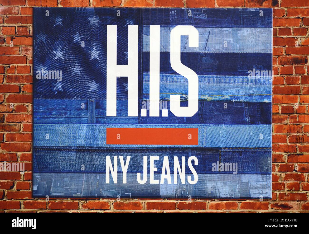 The logo of fashion label H.I.S Jeans New York is on display at the  'Panorama' fashion fair in Berlin, Germany, 2 July 2013. Photo: Jens  Kalaene Stock Photo - Alamy