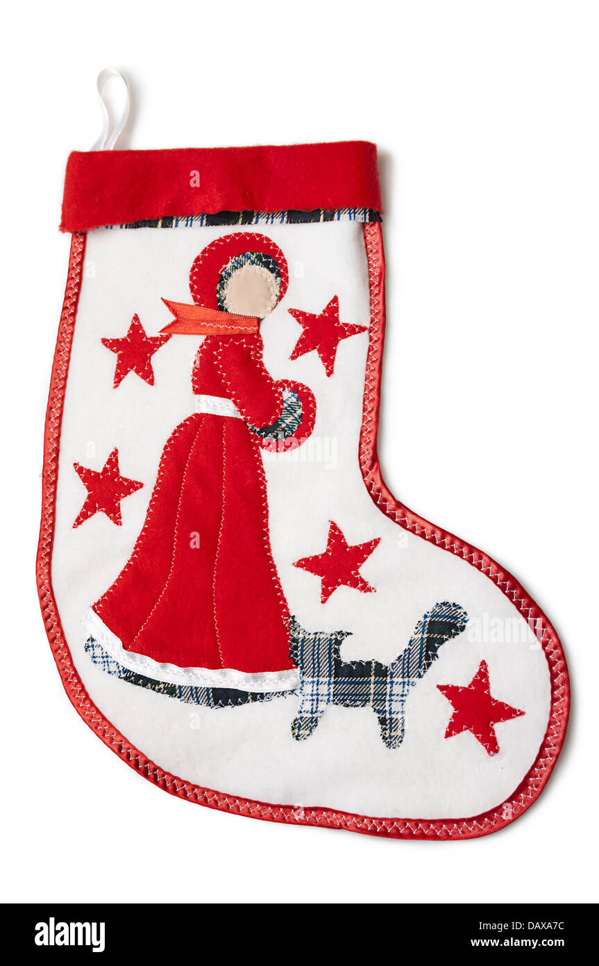 Homemade christmas sock with a snow-princess with stitch cat, shawl and red star on a white background. Stock Photo