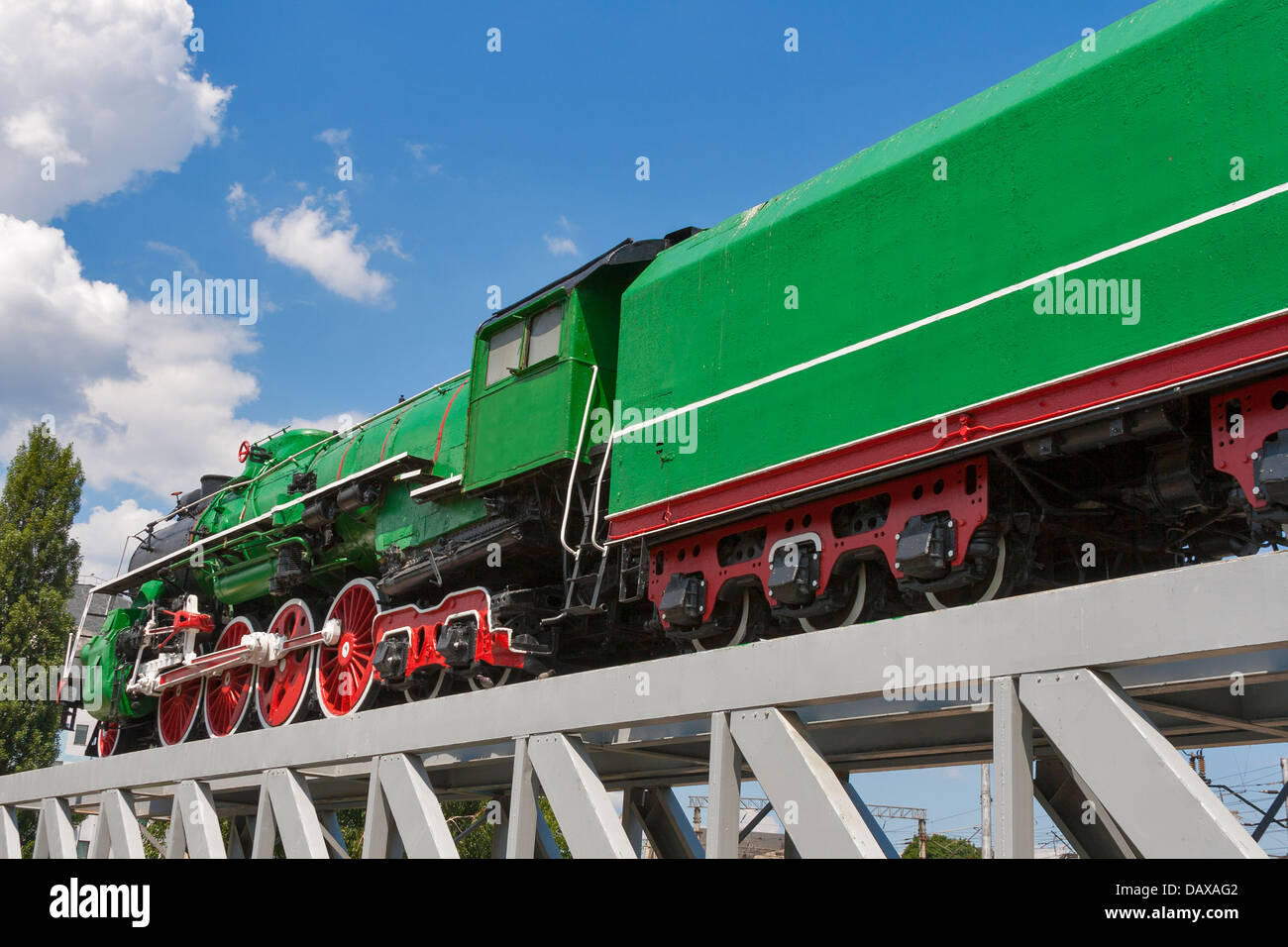 Steam vintage locomotive located in Kiev, Ukraine against blue sky Stock Photo